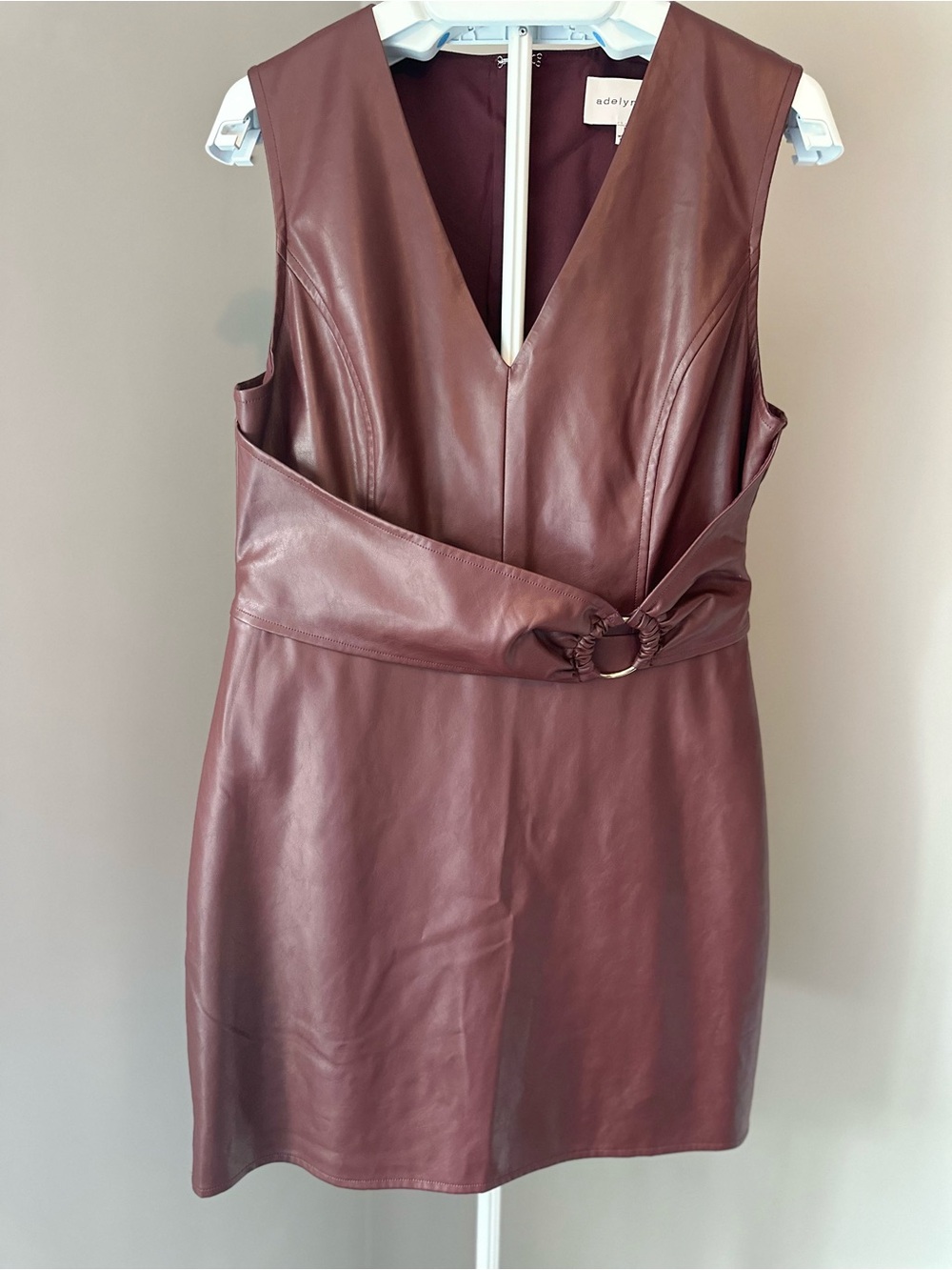 Adelyn Rae Burgundy Faux Leather V-Neck Mini Dress - Picture 2 of 5